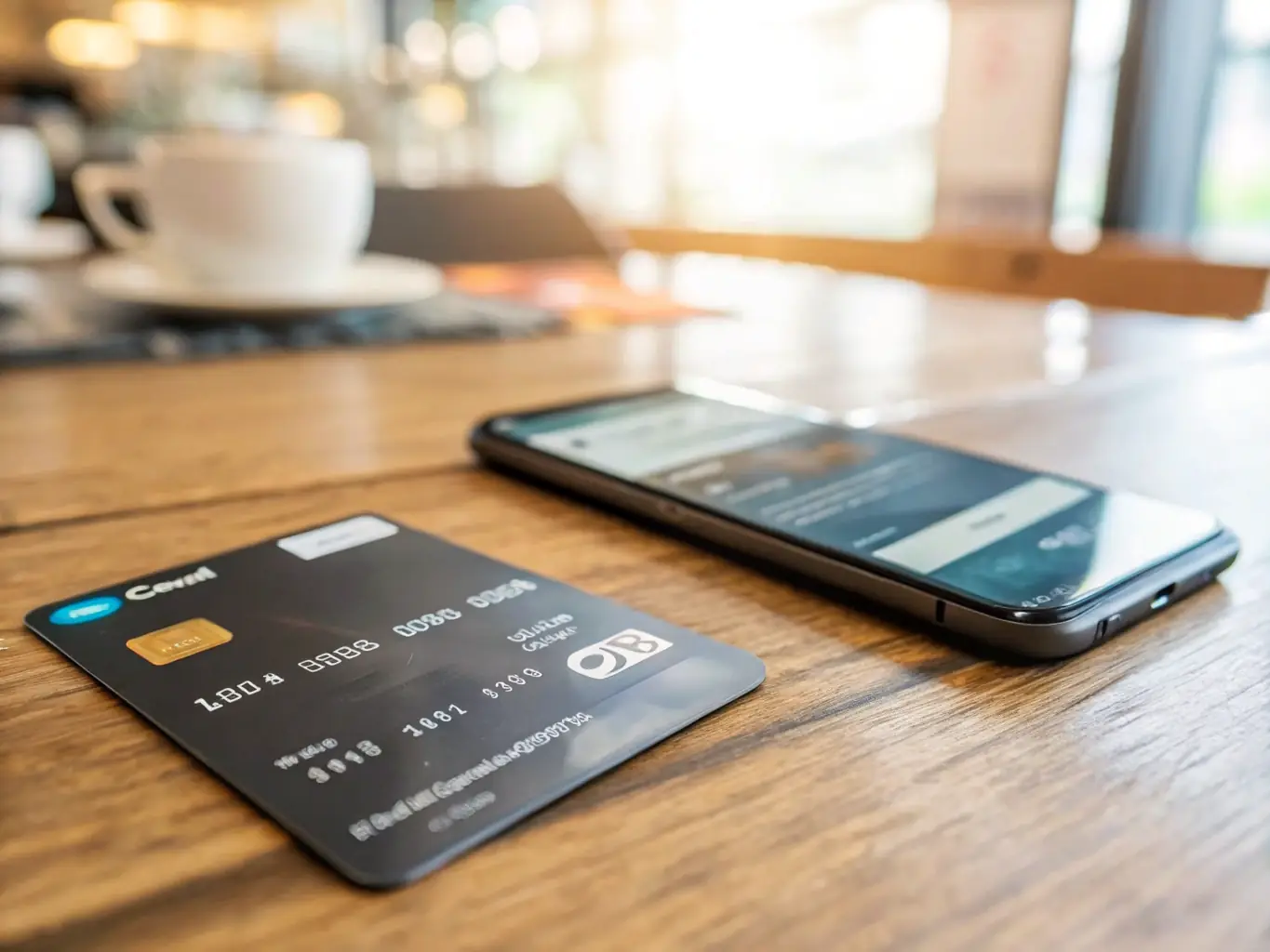 A professional shot of a 2c2p credit card with a focus on its security features, such as an EMV chip and contactless payment symbol, set against a blurred background of a modern shopping environment.