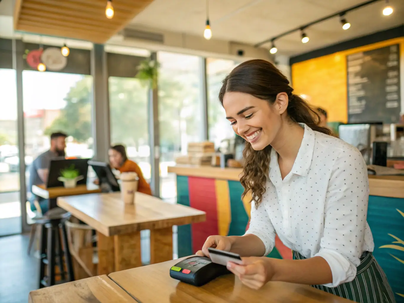 A person happily using a Found credit card to make a purchase at a local coffee shop, highlighting the card's everyday usability and convenience.