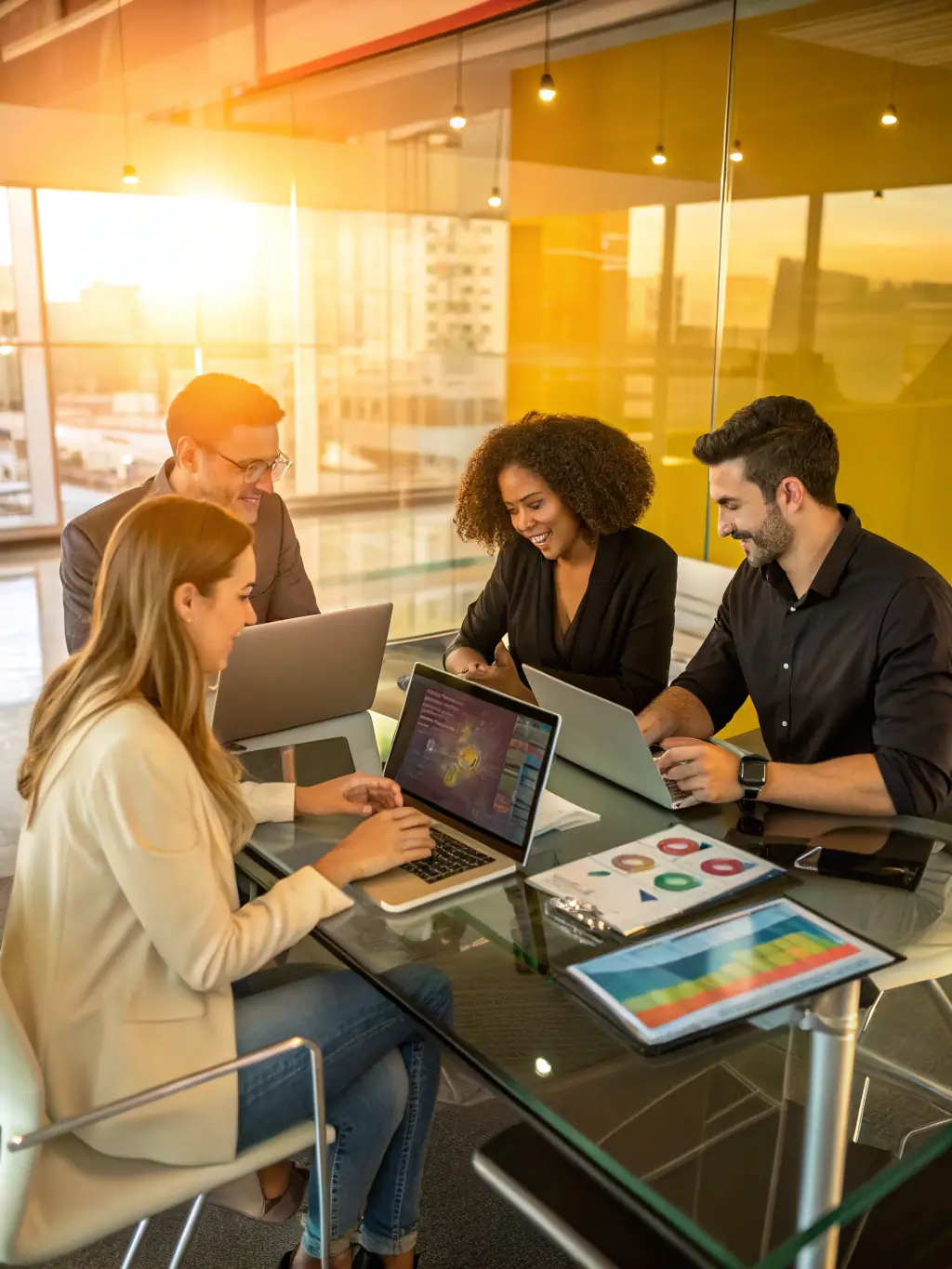 A diverse group of people collaborating in a modern office setting, representing Wamo's commitment to community and financial inclusion.